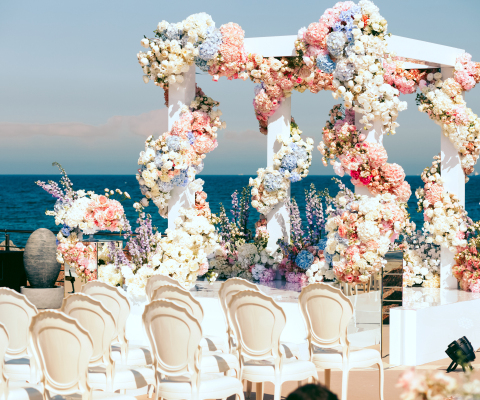 side view on wedding arch with flowers