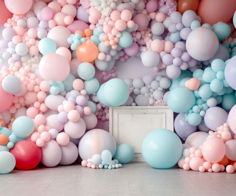 arafed image of a room with a lot of balloons and a white chair. generative ai.