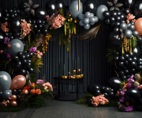 Bunch of balloons that are hanging from ceiling with flowers and candles. Generative AI